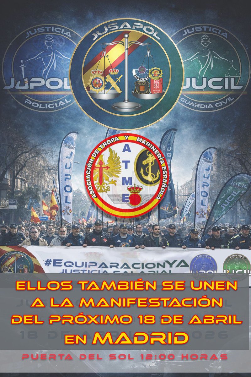 ‼️FALTAN 12‼️ Siempre hemos dicho que LA UNION ES NUESTRA FUERZA..

La asociación de tropa y marinería <a href="/_ATME/">Asociación de Tropa y Marinería Española ATME</a> se une a JUSAPOL, JUPOL y JUCIL a la manifestación que se celebrará el próximo día 18 de Abril en Madrid.

📢 La #ProfesionDeRiesgoYa no es negociable.

‼️ PROHIBIDO