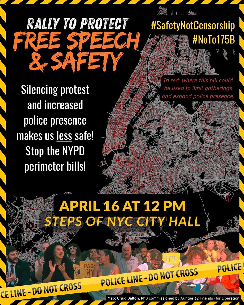 PeoplesPlanNYC's tweet photo. 🚨 ACTION ALERT 🚨 @SpeakerMenin &amp; @EricDinowitzNYC just passed 2 bills that restrict protest BUT we can still defeat 1 of them.

We demand:
@NYCMayor: Veto Int 175-B!
@NYCCouncil members: Sustain the veto!

Join us 4/16 @ 12PM, City Hall #NoTo175B

RSVP: https://t.co/UrCKKbAQ2c https://t.co/XmUFm59I4S