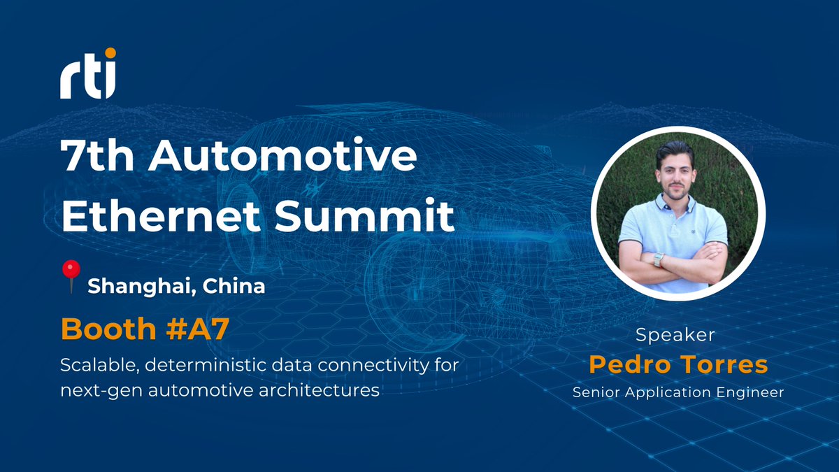 rti_software's tweet photo. We’re heading to Shanghai 🇨🇳RTI will be at the 7th Automotive Ethernet Summit, showcasing how Connext Drive powers deterministic, real-time communication for SDVs.

📍 Booth A7
📅 April 15–16

Stop by to see our live demo of DDS + TSN in action– enabling scalable, high-performance in-vehicle networking, even under challenging conditions.

Plus, don’t miss our session:
“Achieving Deterministic Communication: Integrating DDS with TSN for High-Performance In-Vehicle Networking”
🗣 Pedro Torres | April 15, 11:30 AM

If you're building next-gen vehicle architectures, let’s connect.

#AutomotiveEthernet #SDV #DDS #RTIConnext #AutoTech
