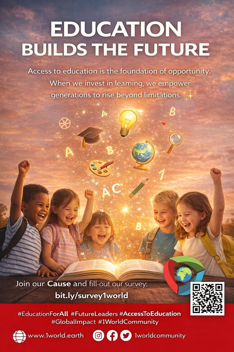 1worldC's tweet photo. Access to education is the foundation of opportunity. When we invest in learning, we empower generations to rise beyond limitations. 📚✨

Join our Cause and fill-out our survey:
https://t.co/9jejXc0alj

#EducationForAll #FutureLeaders #AccessToEducation #GlobalImpact #1World https://t.co/pQbeZ1j3UN