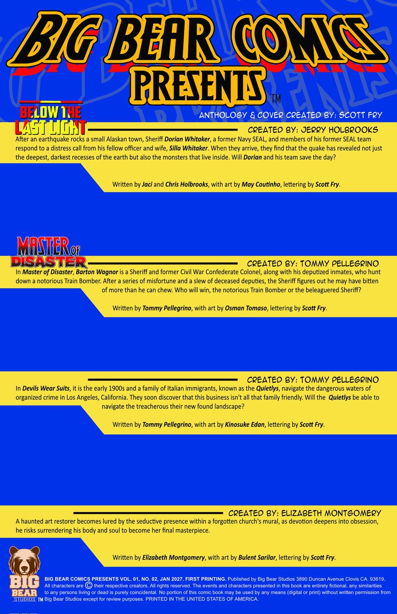 scottfry123's tweet image. I don't like to post unfinished work honestly, but it's going to be a nice little taste of what's to come. Here's the inside cover to #Issue2 of #bigbearcomicspresents. We're starting to get some VERY talented people associated with the first couple of issues.