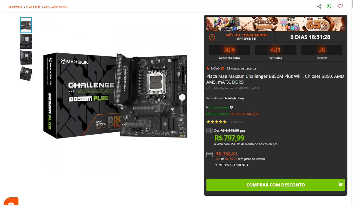 Terabyteshop's tweet image. B850 COM WI-FI POR MENOS DE R$800! 🔥

Pra quem quer montar um PC AM5 moderno sem gastar 1k só na placa-mãe, a hora é essa. A Maxsun Challenger B850M Plus tá de graça nessa Mobo Week.  

CONFIRA O LINK NO COMENTÁRIO ABAIXO! 👇

#PCGamerBrasil #Hardware #Oferta #Maxsun