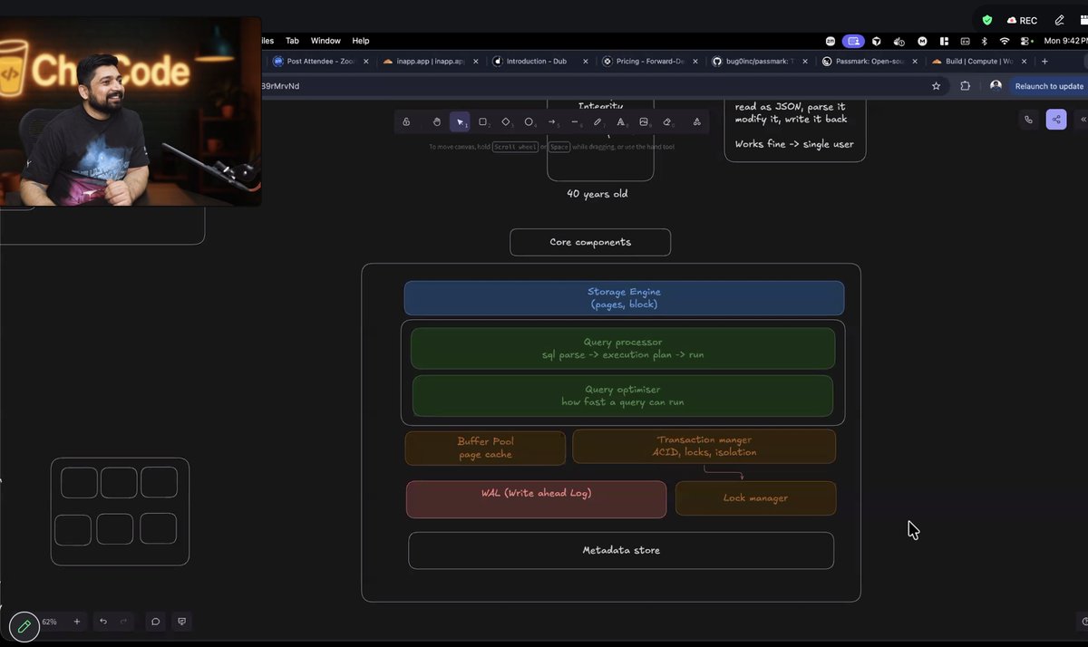 devwithjay's tweet image. 𝗜𝗻𝘀𝗶𝗱𝗲 𝗱𝗮𝘁𝗮𝗯𝗮𝘀𝗲𝘀 ⚙️

Today’s class with @Hiteshdotcom &amp;amp; @piyushgarg_dev Sir went deep into how DBs actually work, storage engine, query processor, optimizer, transaction manager, buffer pool, and WAL.

#SystemDesign #Databases #Backend #ChaiCode