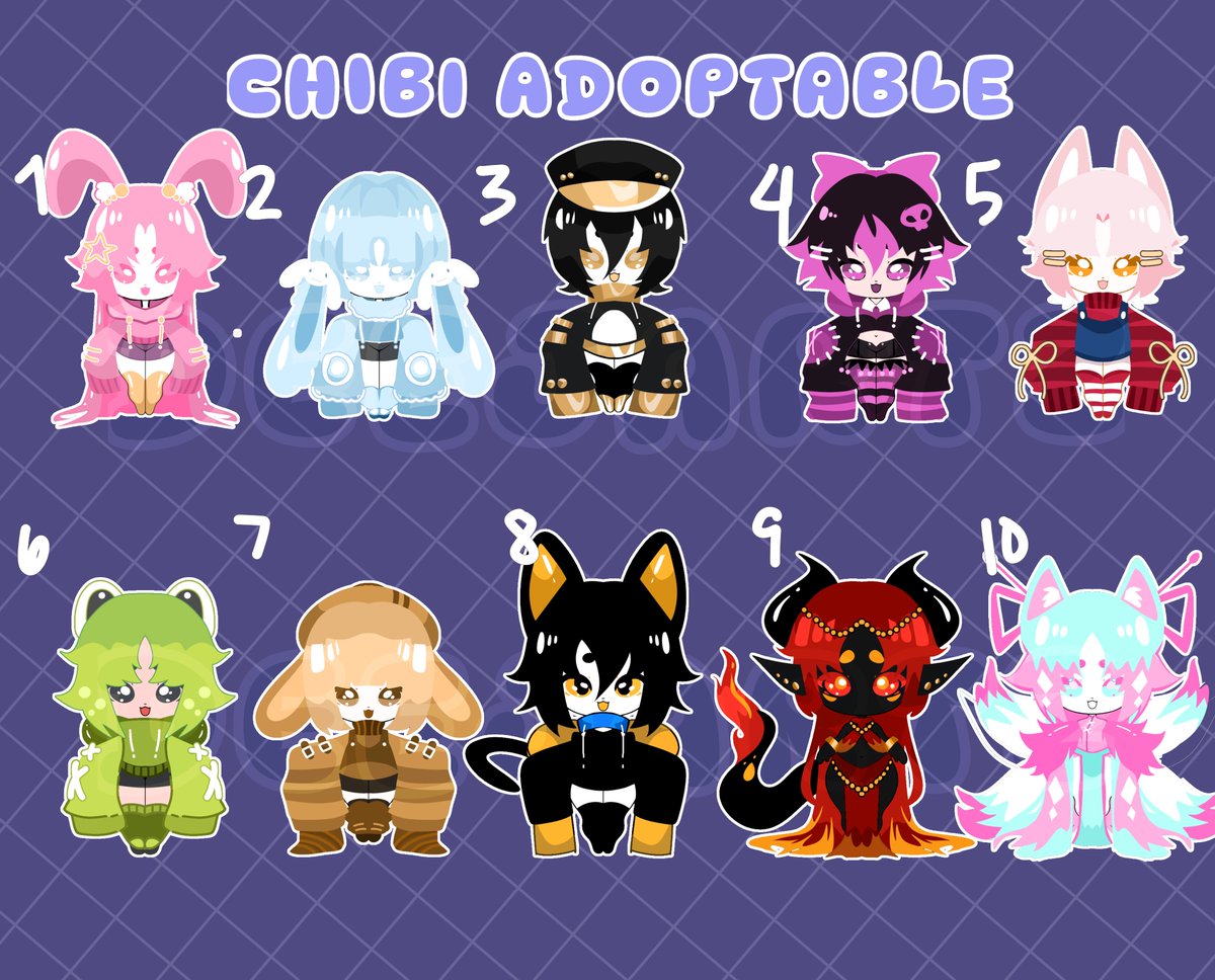 ✨️Chibi Adopt ✨️

[1-8 SANRIO INSPIRED ADOPT]

SP1 $8
SP2 $12 (commercial use)

rules
-usd rate - paypal/gcash/kofi
-will get the adopt with/without bg
-no holds pls
-design by deej art
-can do slight tweaks
-base by Deimos Huichi