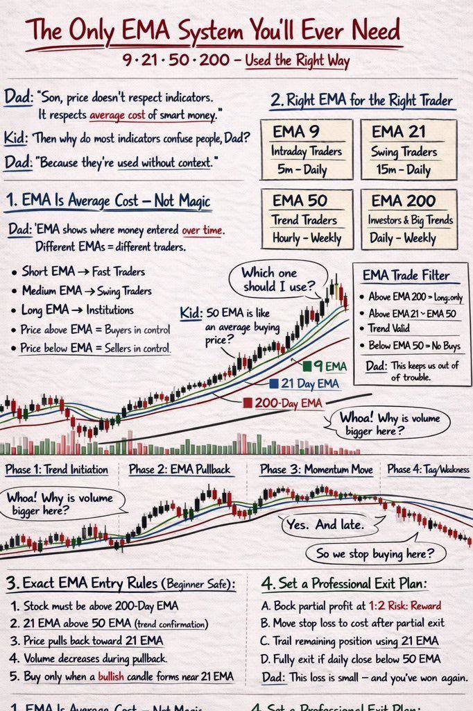 nehalzzzz1's tweet photo. The Only EMA System You’ll Ever Need (Used the Right Way)👇

Price doesn’t “respect” indicators.
It respects the average cost of smart money.

That’s all EMAs are.

EMA = context, not magic.

* EMA 9 → Intraday traders
* EMA 21 → Swing traders
* EMA 50 → Trend traders
* EMA 200 → Investors & big trends

Different EMAs = different players.

Market control rule:
Price above EMA → Buyers in control
Price below EMA → Sellers in control

High-probability filter:
Price above 200 EMA
21 EMA above 50 EMA
Pullback toward 21 EMA
Volume dries up on pullback
Buy only on bullish candle near 21 EMA

Trend phases:
Initiation
EMA pullback
Momentum expansion
Weakness (stop chasing)

Exit like a pro:
* Take partials at 1:2 RR
* Move stop to breakeven
* Trail with 21 EMA
* Exit fully if price closes below 50 EMA

EMAs don’t predict.
They protect you from bad trades.

Trade with context. Stay patient.