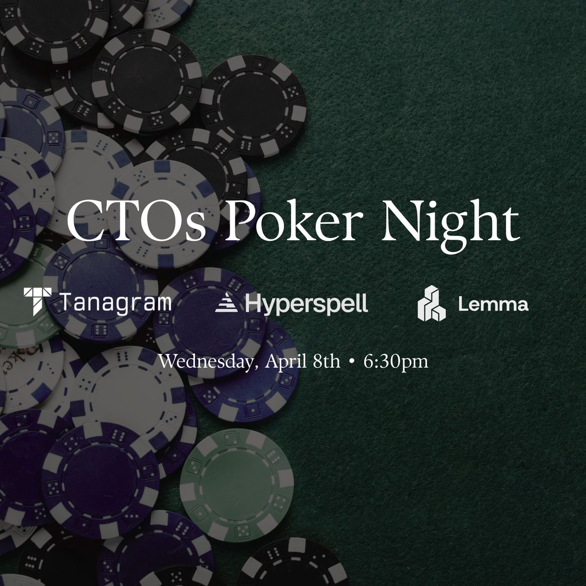 50 CTOs. Professional dealers. This Wednesday, April 8th. Co-hosted w/ <a href="/tanagram_/">Tanagram</a> <a href="/hyperspell/">Hyperspell (YC F25)</a> <a href="/uselemma_ai/">Lemma</a> <a href="/conor_ai/">conor brennan-burke</a> <a href="/FeifanZ/">Feifan Zhou</a>

Seats are filling fast, RSVP link in replies.