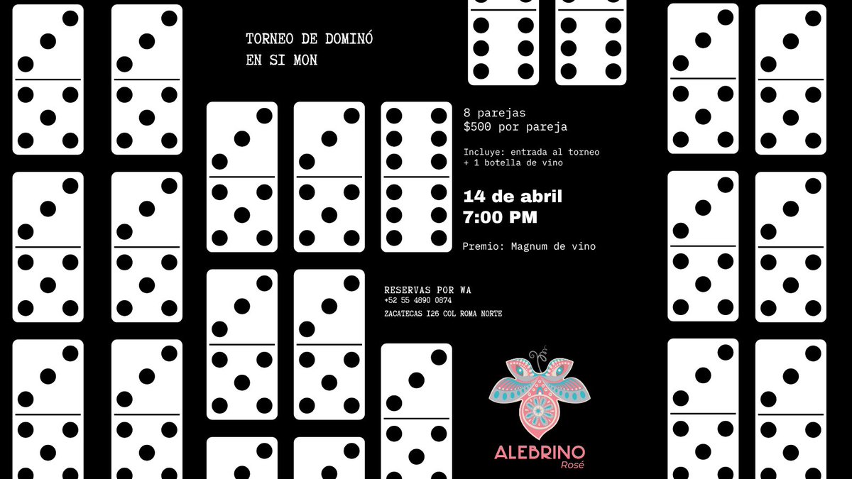 vinos_simon's tweet photo. Torneo de dominó en Si Mon.

8 parejas.
$500 por pareja (incluye botella de vino).

La pareja ganadora se lleva una Magnum.

🗓 14 abril · 7 PM
📍 Zacatecas 126, Roma Norte

Reservas:
https://t.co/CXeSEZPDz1 https://t.co/jEAtZTsFpa