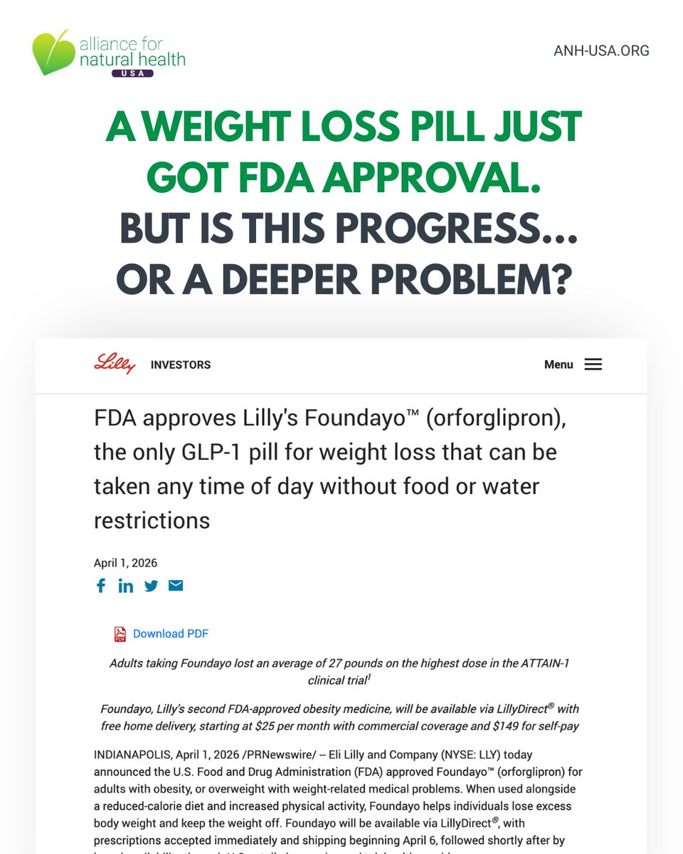 anhusa's tweet photo. The FDA just approved a GLP-1 weight loss pill.  Easier access. Lower cost. No injections.  But here’s the real question:  Are we improving health—or scaling lifelong drug dependence?  More in our latest analysis: https://t.co/YAsuhMKNRf https://t.co/66ZxhPS6BB