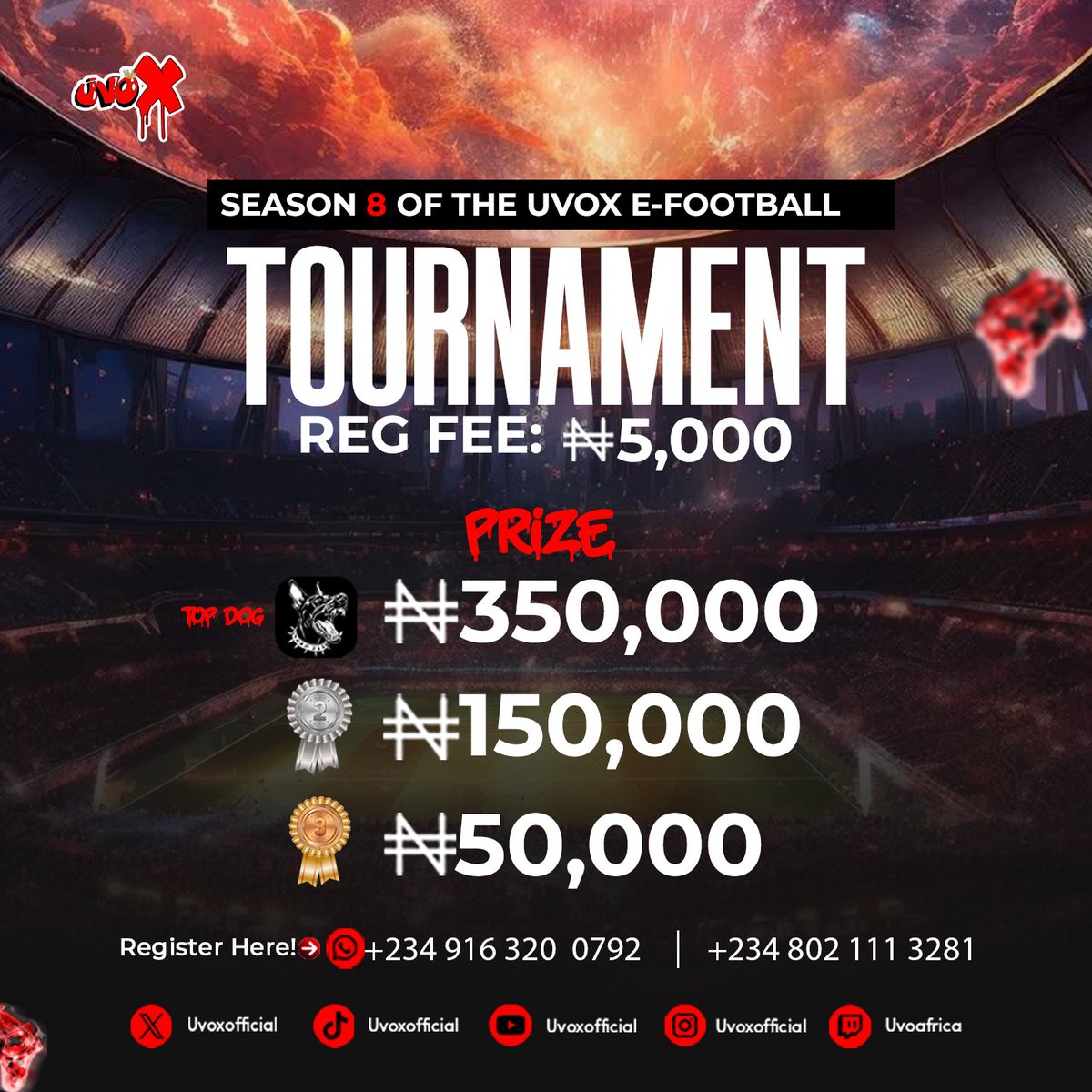 uvoxofficial's tweet photo. Season 8 is here—and this time, it’s global 🌍🔥

The biggest UvoX eFootball tournament yet is calling players from every corner. New rivals. Higher stakes. One stage.

This month, you don’t just play…you PROVE❗️
Register. Lock in. Prepare for battle.
Only one rises as Topdog 🏆 https://t.co/GXJWeKIqcG