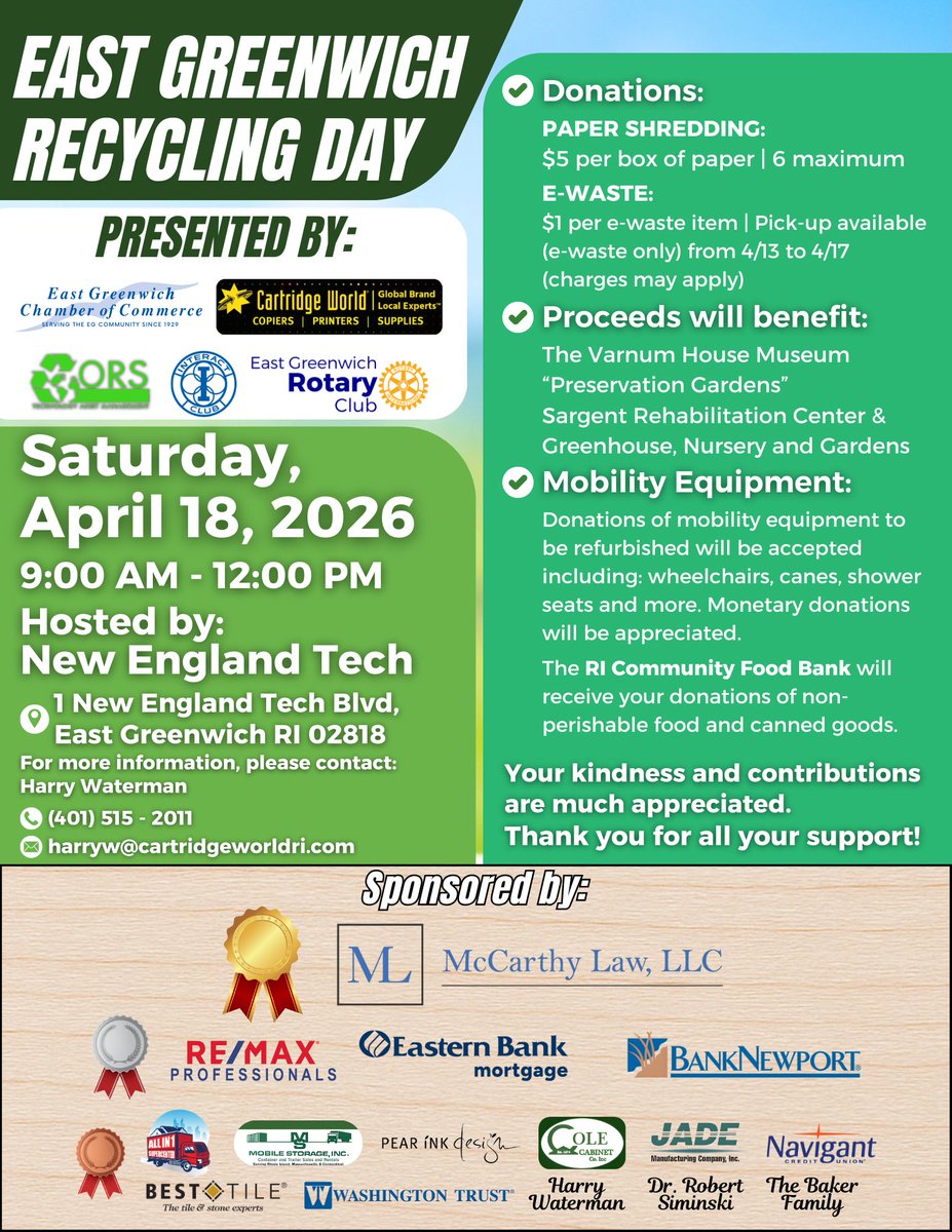 On 4/18 there will be a Recycling Day at New England Tech to recycle paper and e-waste. Proceeds from the event will benefit our gardening and greenhouse programs. 

Thanks to EG Chamber of Commerce, Cartridge World, the EG Rotary Club, and sponsors. We hope to see you there!