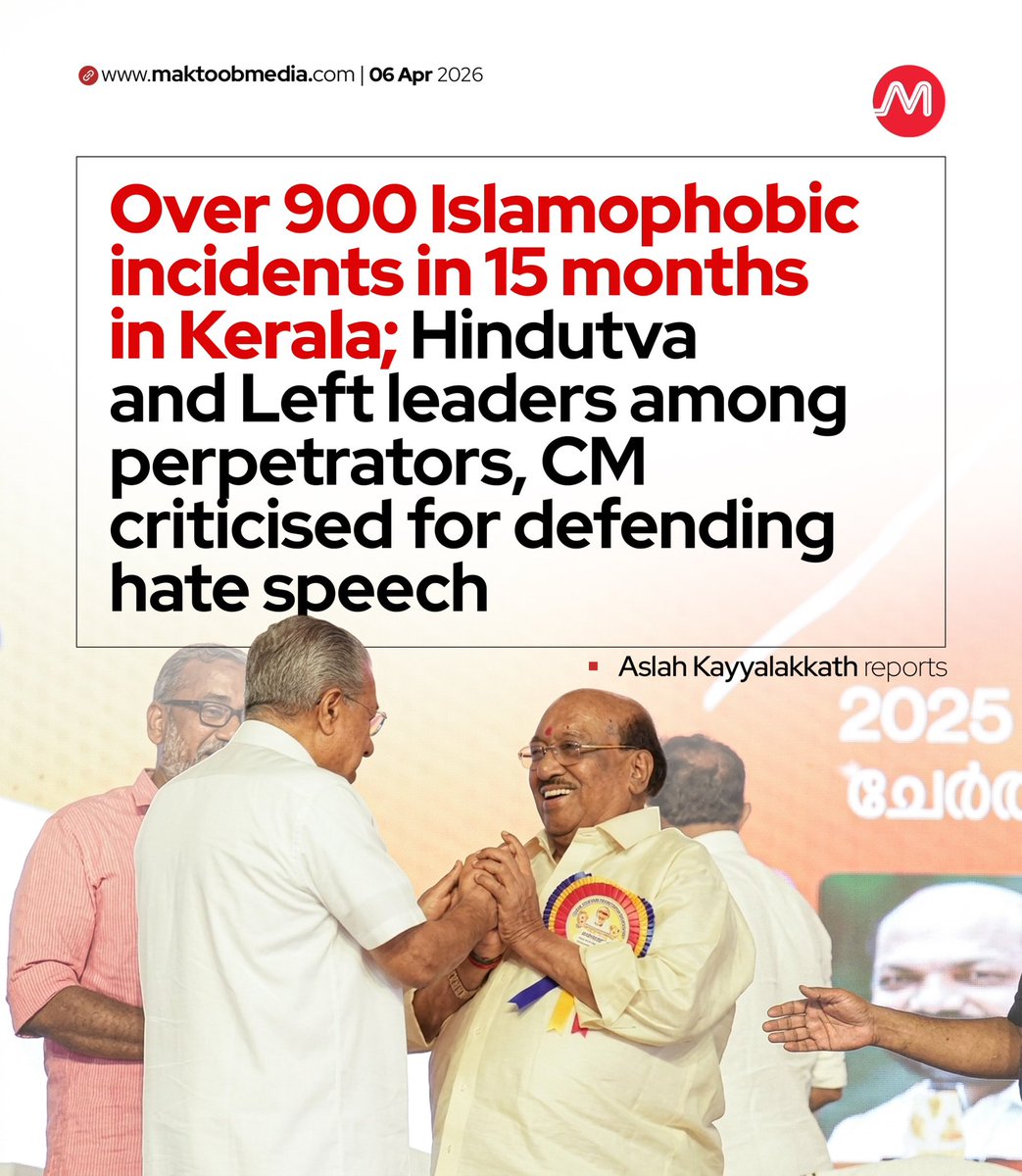 aslahtweets's tweet photo. At least two Islamophobic incidents have been documented every day over the last 15 months under the Pinarayi Vijayan-led government in Kerala.

The pattern reflects deep institutional failure, from police inaction and the absence of suo motu FIRs in hate speech cases, to complaints going unregistered, and a lack of arrests even when FIRs are filed.

Most troubling is the response from the highest office in the state. Chief Minister Pinarayi Vijayan has, on multiple occasions, publicly justified deeply offensive and hateful remarks made against Muslim community by Vellapally Natesan, an influential figure in the state.

Read: https://t.co/wLNvZDg0Qw
