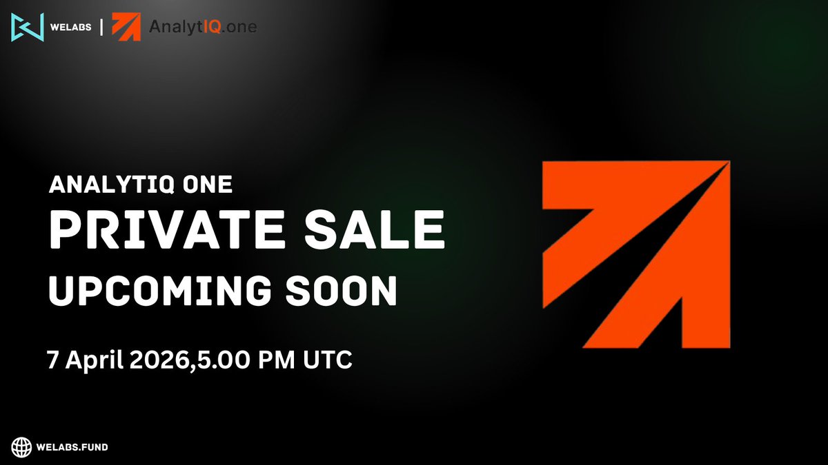 welabs_vc's tweet photo. Upcomming Private Sale on WeLabs: @Analytiqone 

AnalytIQ turns complex crypto data into simple,clear decisions.We help users move from hype-driven choices to calculated actions using AI, real-time data, and deep research.

Start Time: 7 April 2026, 5.00 PM UTC

Sale Details:

Price: $ 0.0025
Vesting: 15% at TGE, 1 mo vesting, then 15% monthy 
Total raise: $ 50,000 

Analytiq one official Links:

Website: https://t.co/zuyABGKOC6
 Twitter: https://t.co/cDkchmrpvJ
Telegram: https://t.co/jCq5fLETYH