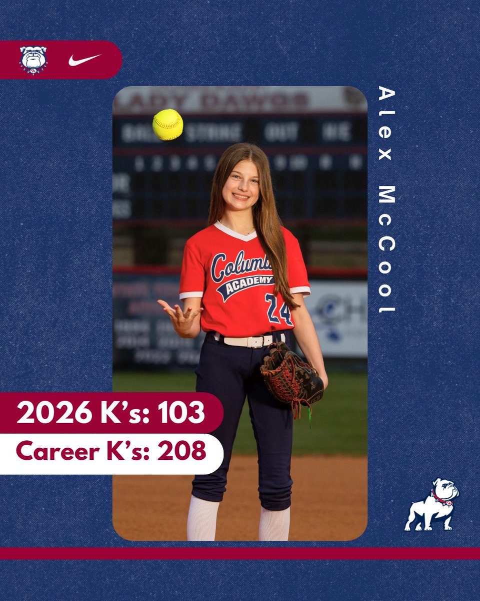 CAAthletics79's tweet photo. 🥎 Congratulations to Alex McCool and the MS Lady Dawg Softball Team on a strong season. Alex ends the 2026 campaign with 103 K’s and 208 for her career. The future is bright!

#GoDawgs https://t.co/ugp0WAfvYm