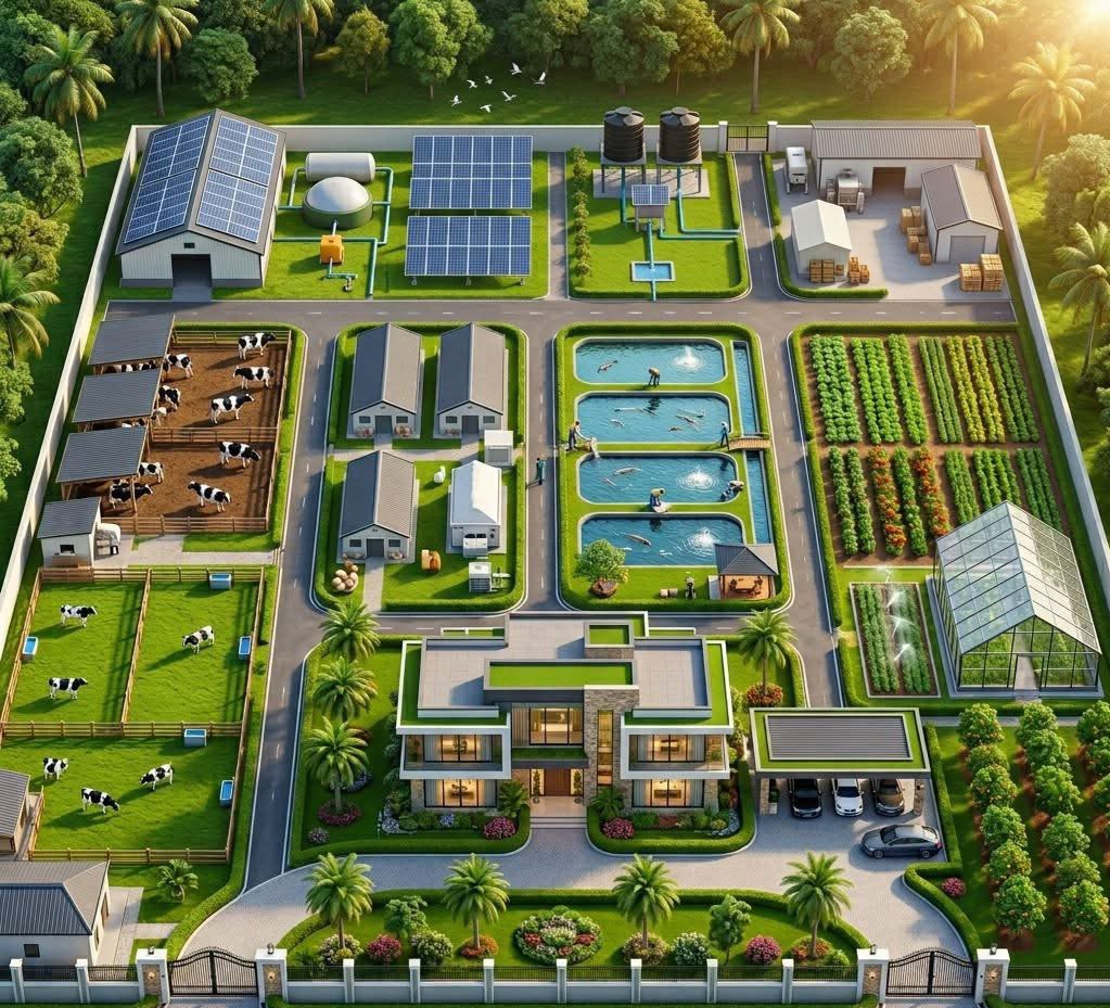 Trichiia's tweet photo. 2 hectare self-sustaining project:
Animal waste → biodigester → gas + fertilizer
Fertilizer → crops → feed for animals
Solar → powers irrigation &amp; processing
Water system → supports all units
This drastically reduces operating costs, which increases your net profit. https://t.co/blozj9djg7