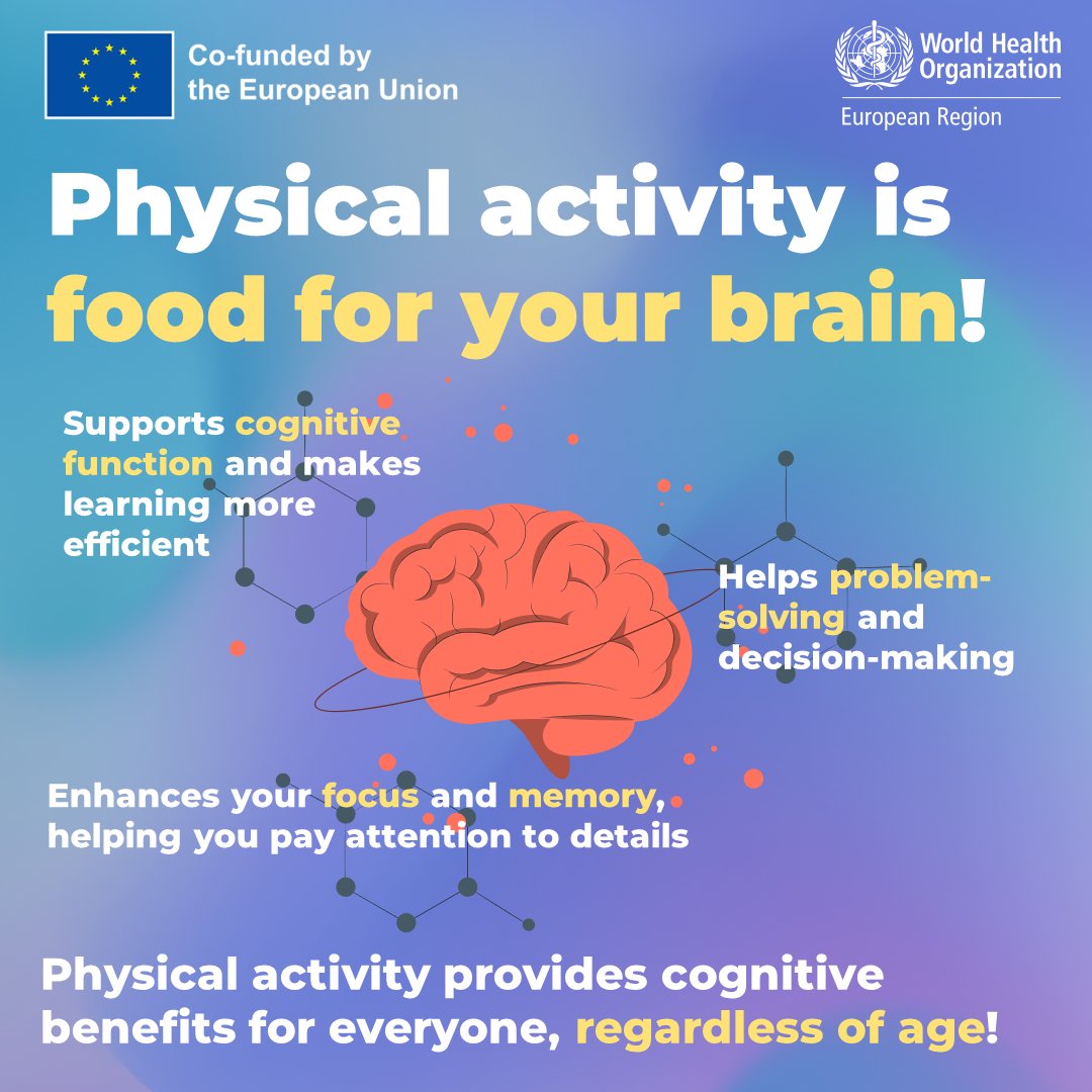 WHO_Europe's tweet image. On World Day for Physical Activity, let’s also care for our cognitive health! 

Regular physical activity enhances cognitive performance and strengthens essential skills for everyday life. 🧠

bit.ly/4c7qry1

#PhysicalActivity #NCDs