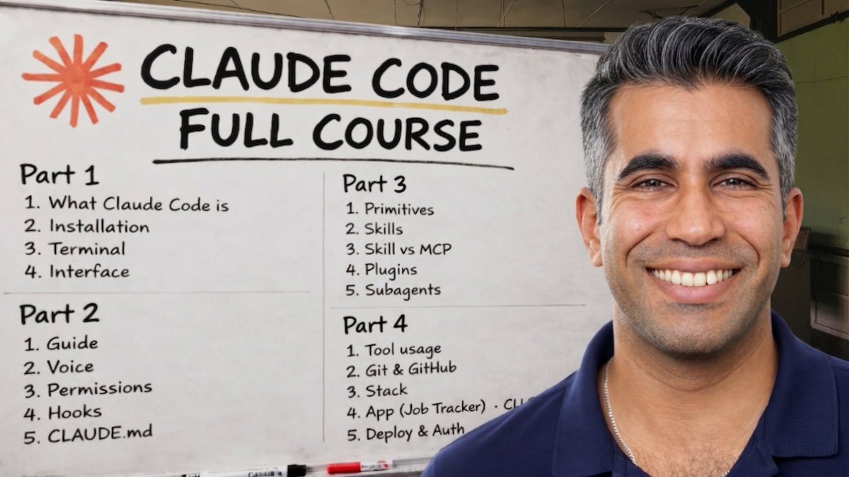 aniketapanjwani's tweet photo. I just released a free 3 hour course on Claude Code for complete beginners.

I assume zero experience with Claude Code, and take you through the following topics:

> Skills - including building a Gmail email triage skill live
> MCPs - live exercise connecting to Notion, parallelizing research with a dozen subagents, and writing async to a Notion db
> Plugins and subagents (with @every's Compound Engineering)
> git and Github 
> Web app development with authentication (login): including a live exercise building a job application tracker
> and much more!

The course is here on YouTube: https://t.co/IkRY4hNAiN

On Thursday at 8 PM EST, I'll have a free group call inside my Skool server (https://t.co/M4e29ID8gI). You can ask me any questions you have about Claude Code/Codex/agentic coding, whether for economics research or otherwise, and I'll stay on until all questions are answered.

You can also ask me questions async by posting in the Skool server, and I'll record the call and distribute it on YouTube in the next few weeks.

Additionally, inside the Skool server in the classroom section, you'll find a slide deck with 51 slides corresponding to the material in the course on YouTube.