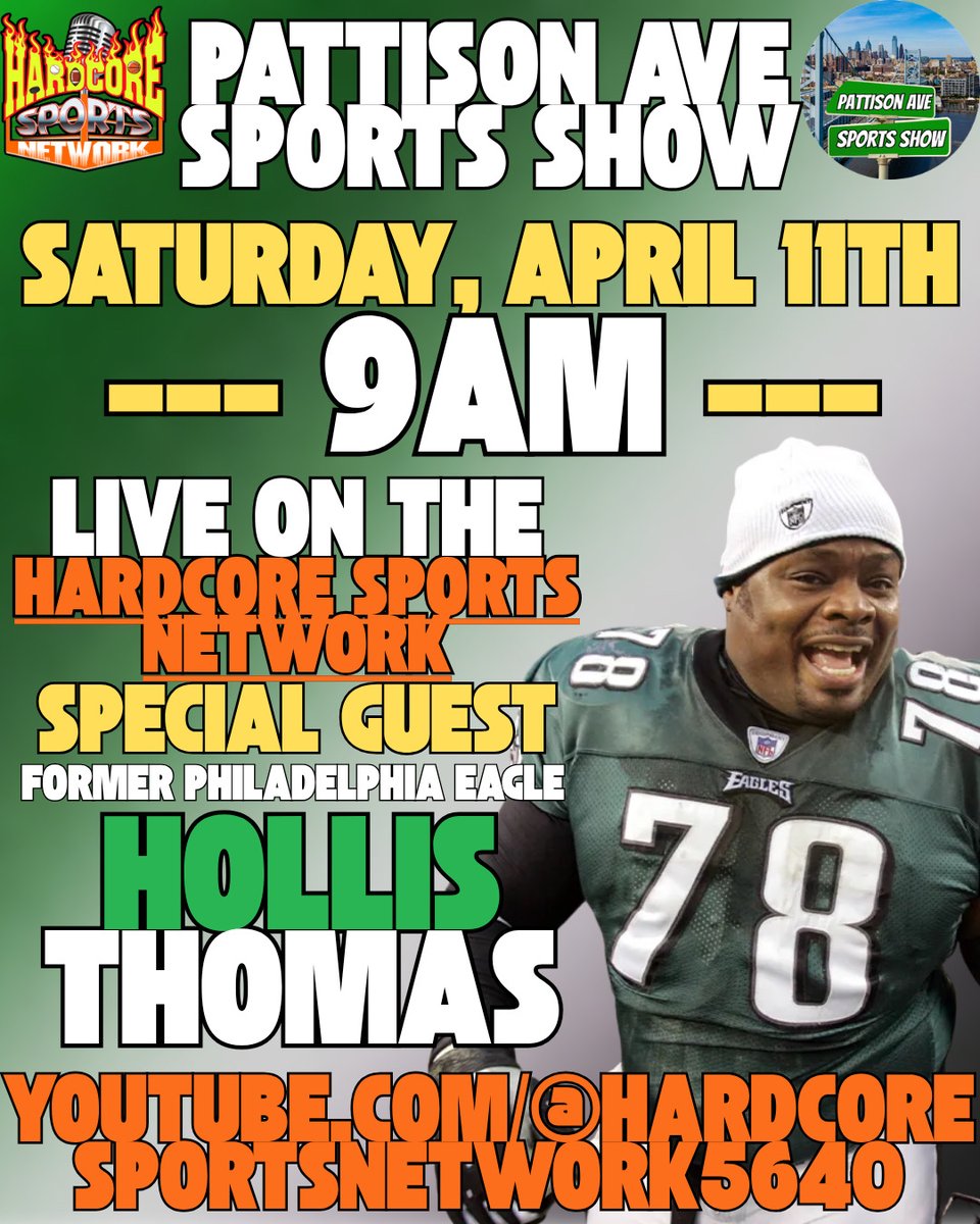 🚨 EXCLUSIVE 🚨

This Saturday at 9AM, the Pattison Ave Sports Show goes LIVE with former Eagle <a href="/darealtank78/">Hollis Tank Thomas</a>  on the Hardcore Sports Network! 🦅🔥

Don’t miss it!

#FlyEaglesFly #Eagles #NFL #PhillySports

<a href="/NRMedia50/">Nithin Ramachandra NR Media</a> <a href="/JamesScorza/">James Scorza</a> <a href="/joewolf112680/">Joe</a>