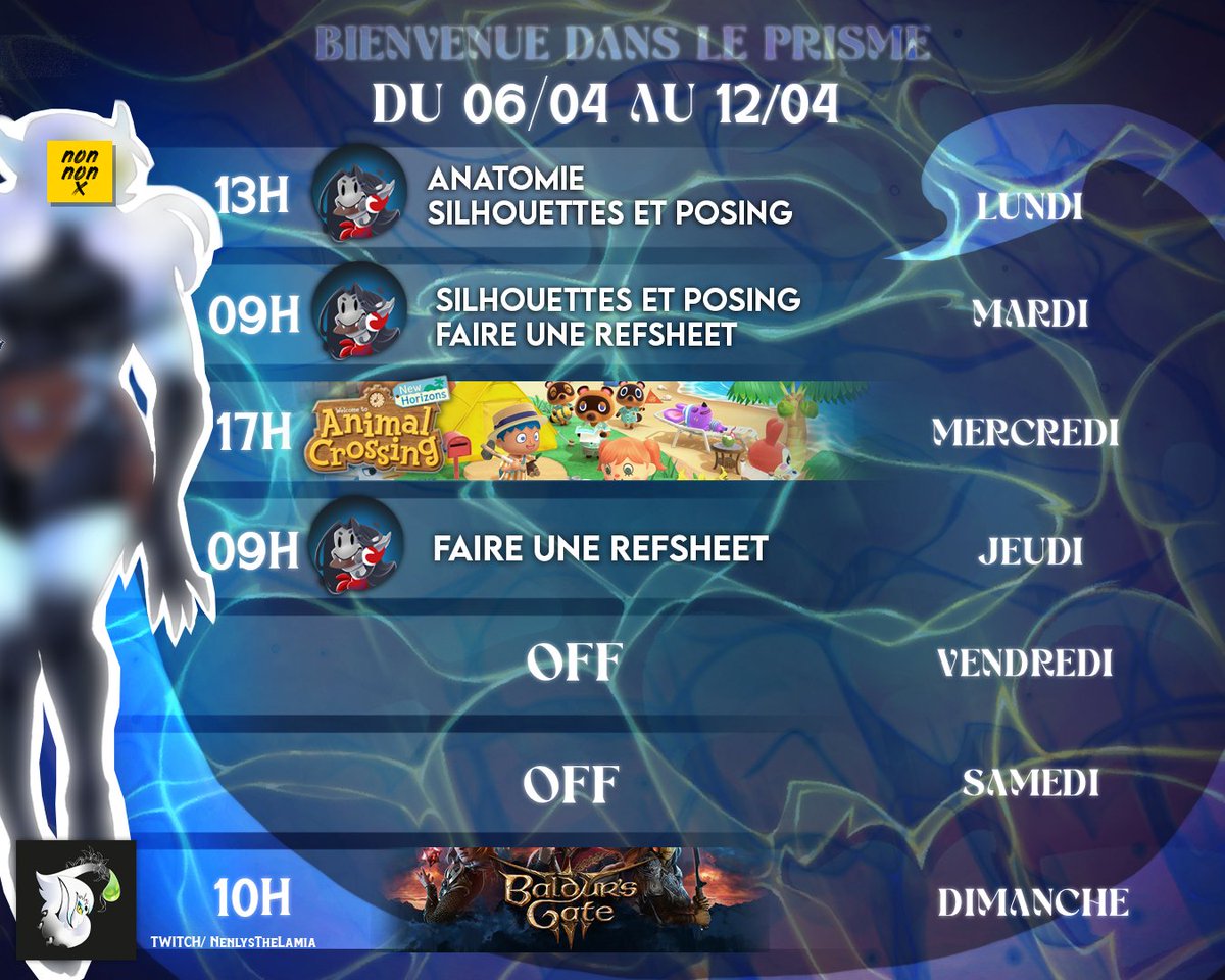 🐍PROGRAMME DE LA SEMAINE 🐍
Nous sommes dans une semaine du V.L.A.D toujours focus sur l'Anatomie mais avec plus de dessins d'imagination.

Les jeux de la semaine sont: Animal Crossing et Baldur's Gate 3 

On se retrouve sur Twitch !
#twitch #vtuber #artㅤㅤㅤㅤ #challenge