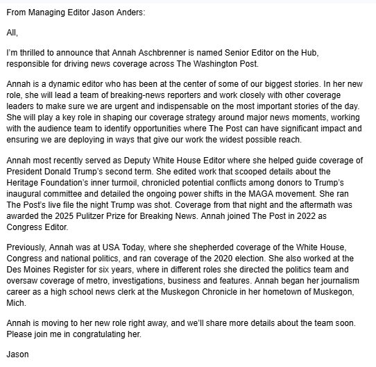 WashPostComms's tweet photo. 🚨NEW: @AnnahBackstrom is named Senior Editor for The Washington Post.

She will be responsible for driving news coverage across The Post, shaping strategy around major news moments and leading The Post's breaking news team.

⬇️Announcement from Managing Editor Jason Anders https://t.co/0CqycIO6cC