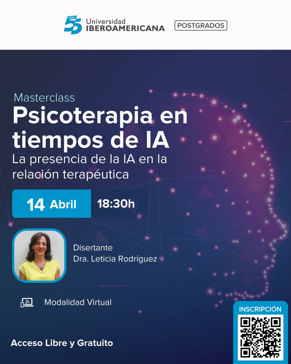unibepy's tweet image. Te invitamos a la Masterclass "Psicoterapia en tiempos de IA".De la mano de la Dra. Leticia Rodríguez, exploraremos cómo integrar estas herramientas sin perder la esencia humana. 
👉 Inscribite ahora : forms.gle/DAVzk8Ab2C5tkr…

#UnibePy #Psicología