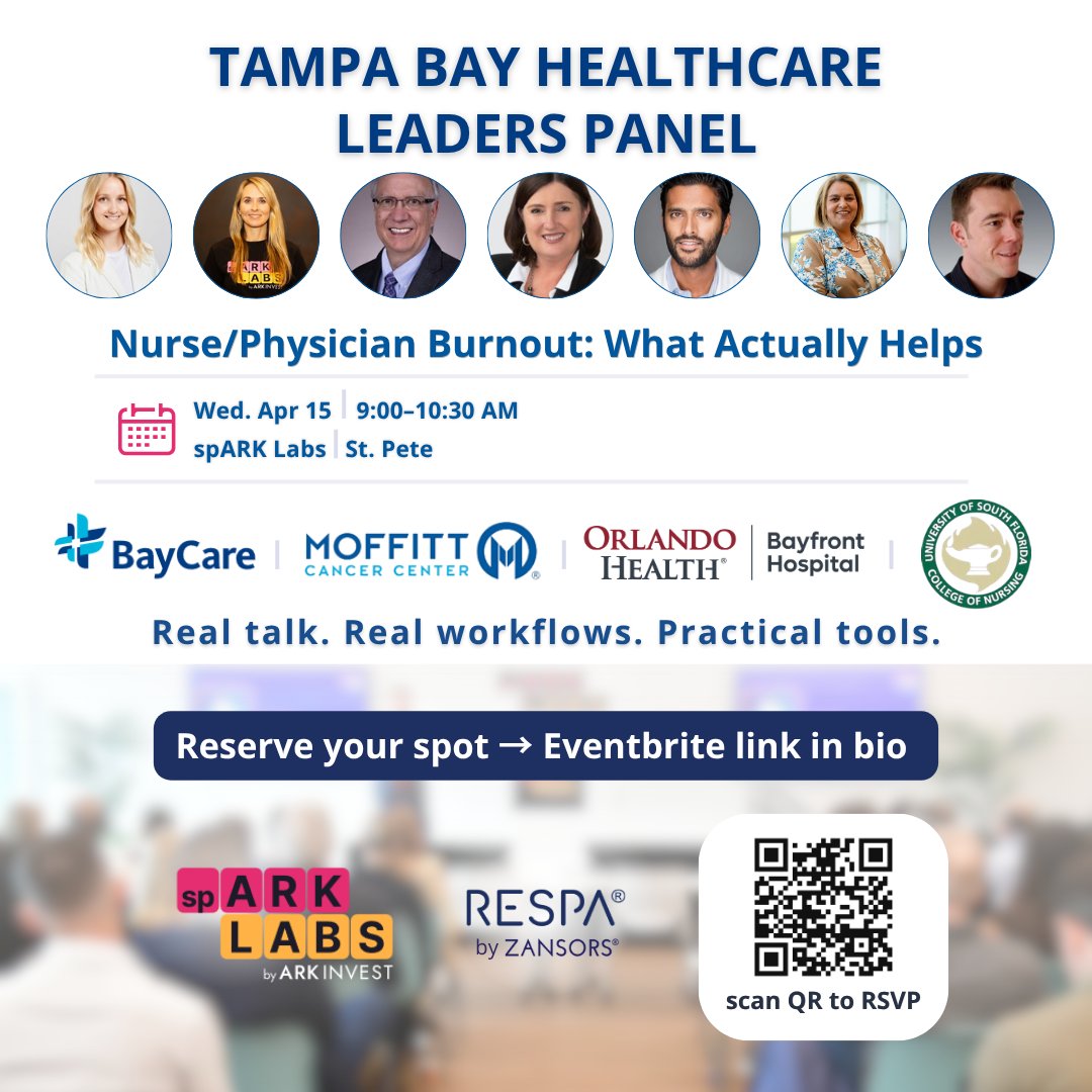 respasensor's tweet photo. Tampa Bay healthcare leaders (@BayCare , @MoffittNews , @orlandohealth , USF Nursing &amp; @spARKbyARK ,@Zansors  come together to discuss frontline burnout + practical solutions.

April 15 | 9–10:30 AM | ARK Innovation Center, St. Pete
Register: https://t.co/jsi1T8RWjp https://t.co/GoBEKun8Wr