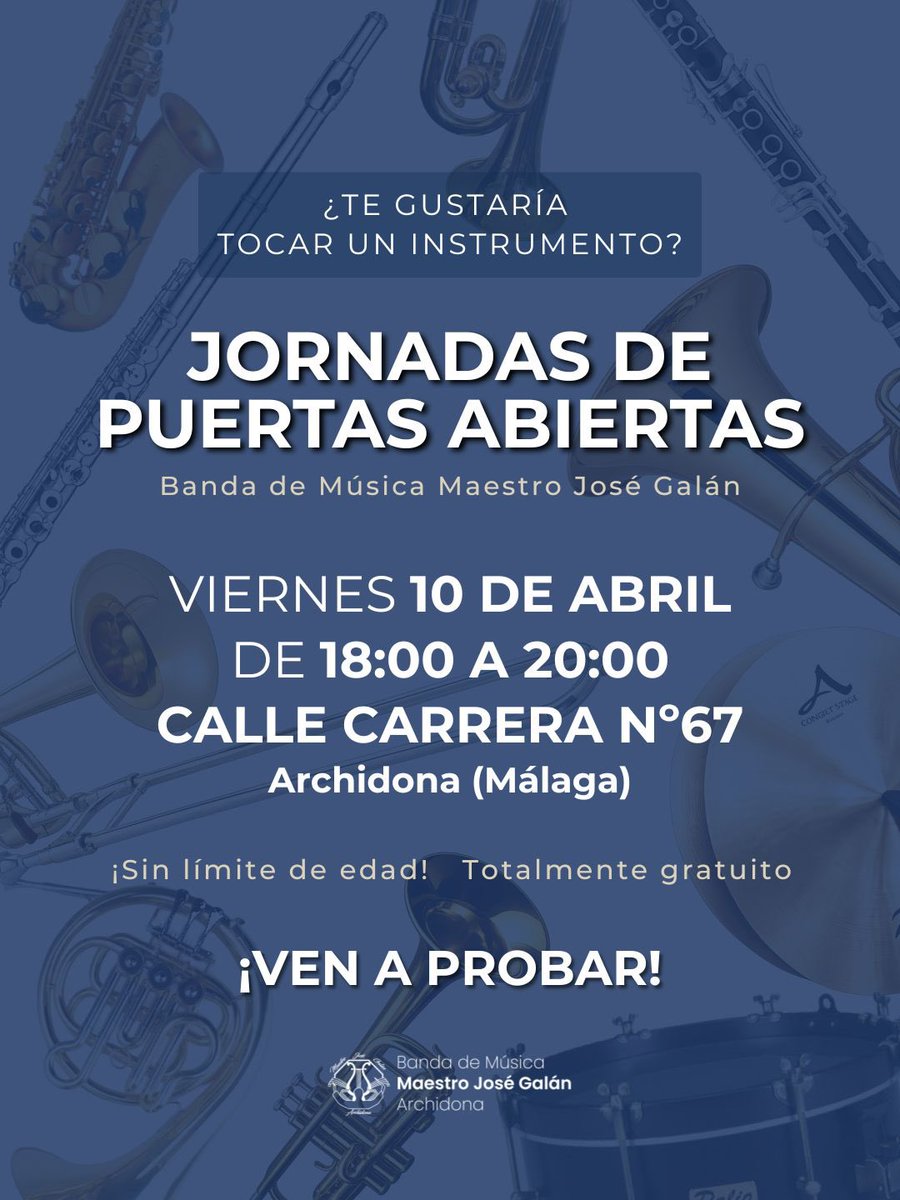 BMMJoseGalan's tweet photo. 🔵🎺 ¡𝐉𝐎𝐑𝐍𝐀𝐃𝐀 𝐃𝐄 𝐏𝐔𝐄𝐑𝐓𝐀𝐒 𝐀𝐁𝐈𝐄𝐑𝐓𝐀𝐒ⵑ

Si siempre has querido tocar en una banda, este es tu momento

📆 Viernes 10 de abril
🕒 18:00 - 20:00
📍 Archidona

¡Ven a probar, sin compromiso!

#SuenaMJG #BMMJG🎶 #Archidona #SemanaSanta2026 #BandadeMúsica https://t.co/Z1lVP6SIpP
