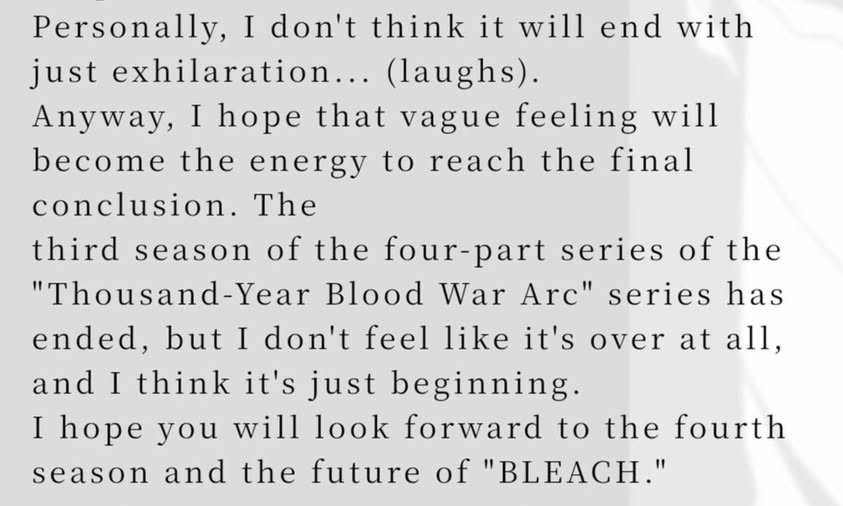 merus689's tweet photo. @HunterX5ZS BLEACH Anime Staff: "Cour 3/4 of Bleach TYBW Series has ended, but I don't feel like its over at all." blah, blah, blah, “…it’s just the beginning.” / “…look forward to Cour 4 and the future of Bleach.” Hell Arc anime exclusive. #BLEACH全話無料 @RawestofemAll16 https://t.co/N20kjNajEr