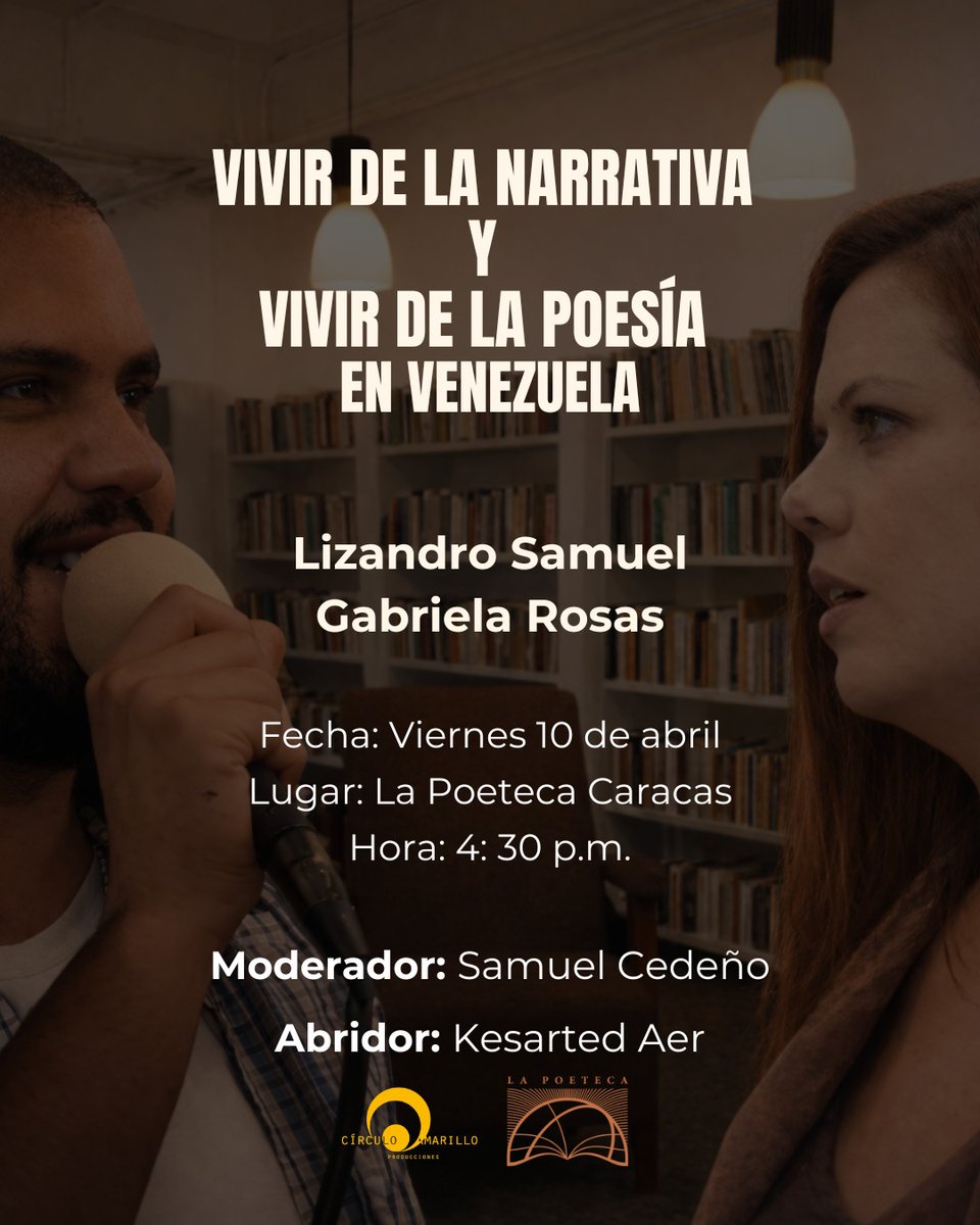 ¡Están todos invitados!

Este viernes nos vemos en <a href="/Poeteca1/">Fundación La Poeteca</a>, Caracas, para disfrutar la conversación "Vivir de la narrativa y vivir de la poesía en Venezuela".

Participan como panelistas la poeta <a href="/Magarosas/">Gabriela Rosas</a> y el narrador <a href="/LizandroSamuel/">Lizandro Samuel</a>.

 ⏰ 4: 30 p.m.
📍 Entrada libre