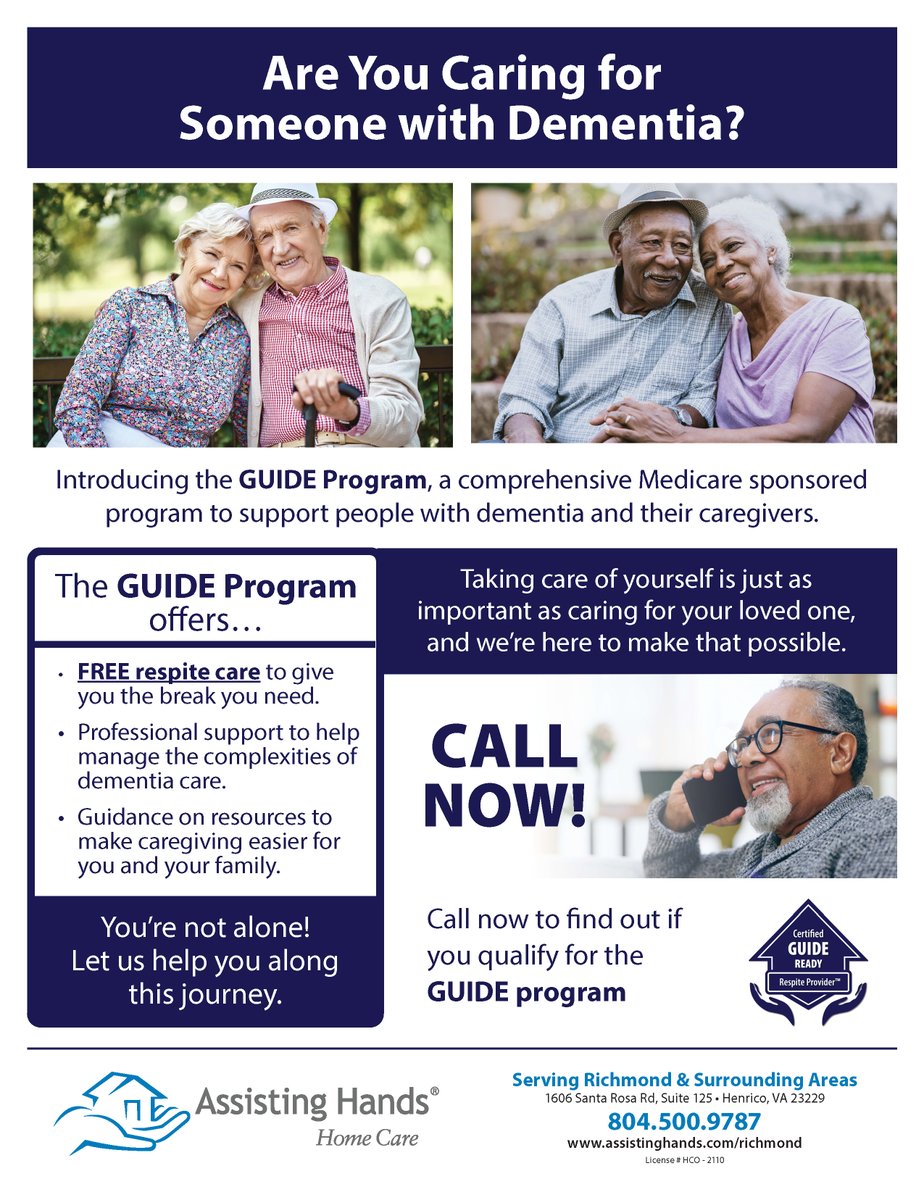 AHHCRichmond's tweet photo. Discover peace of mind for your loved ones with dementia through the Medicare-sponsored GUIDE Program at Assisting Hands Home Care. Compassionate respite care and expert support are just a call away! 💙👐 

#DementiaCare #DementiaSupport #CaregiverSupport #GUIDEProgram https://t.co/nRmNOLZjZ8