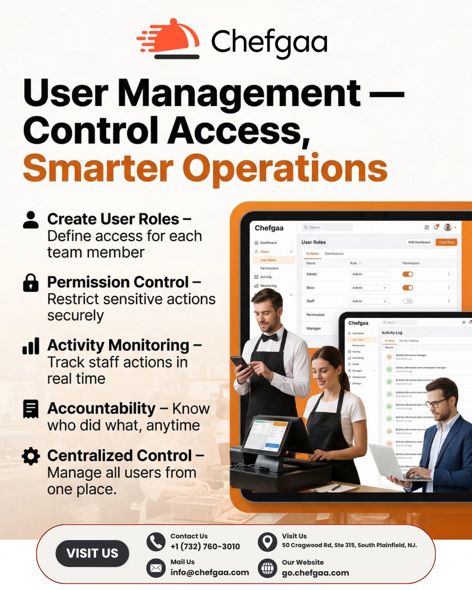 chefgaa's tweet image. Streamline operations with user management—define roles, control permissions, track activity, ensure accountability, and manage all users from one centralized dashboard.
🌐 𝐕𝐢𝐬𝐢𝐭 𝐮𝐬:  go.chefgaa.com
#onlineordering #restaurantpos #usermanagement