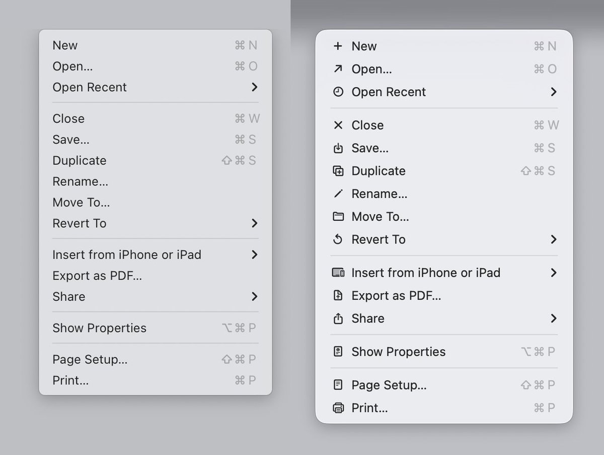 brandur's tweet image. Now that I'm on Tahoe and every menu has 60 gazillion icons in it, I'm reminded of this banger article.

Modern Apple, put plainly, is all form over function. And the form doesn't even look good.

tonsky.me/blog/tahoe-ico…