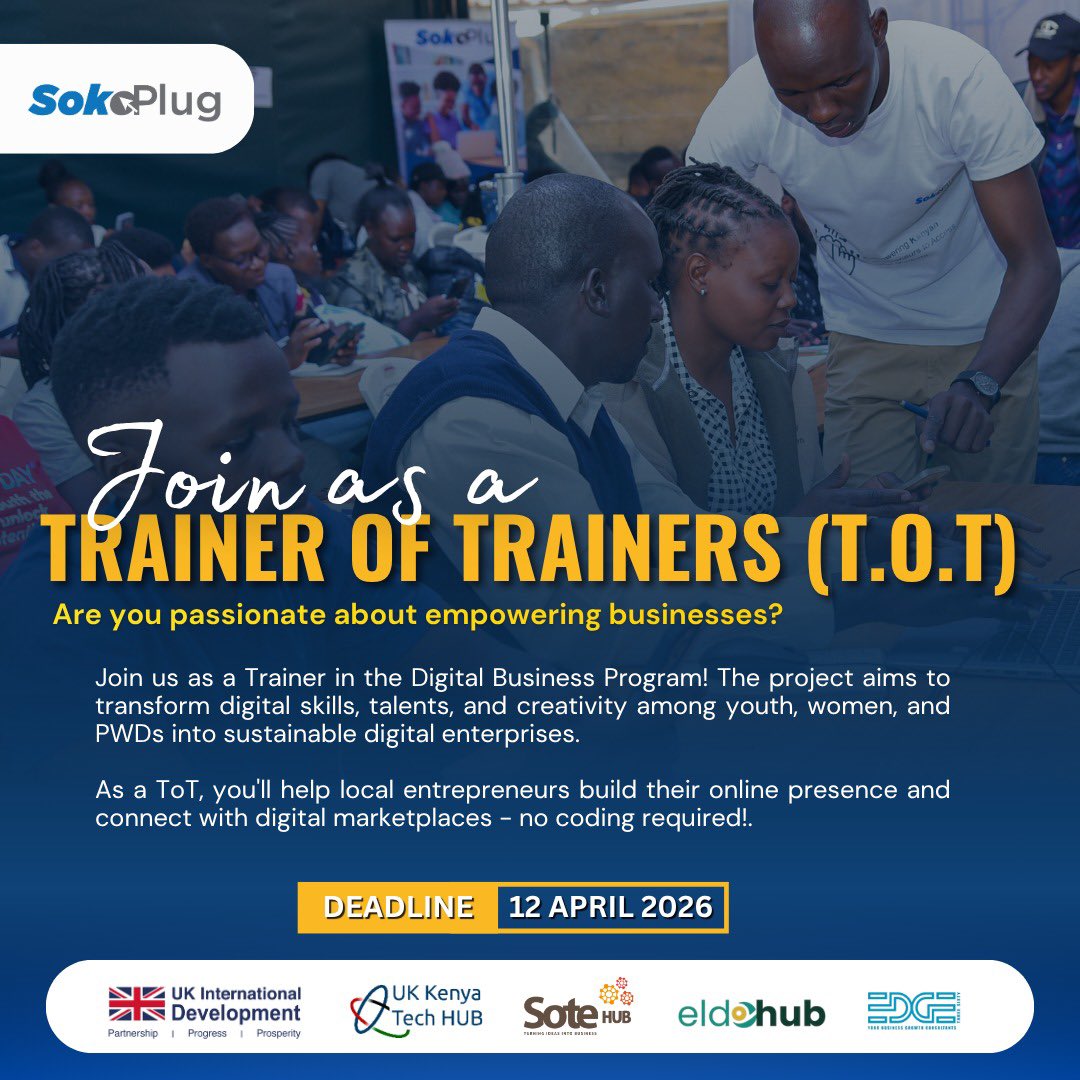 Sote_Hub's tweet photo. Call for Trainers 🚀

Passionate about empowering MSMEs on no-code websites, e-commerce &amp; digital responsibility?

Join the Digital Business Program (DBP) by @UK_KenyaTechHub, implemented by Sote Hub 

📍 Mombasa

Apply: https://t.co/zTCfsy0ELK
Deadline: 12 Apr 2026

@UKinKenya https://t.co/xMZRJokJ9D