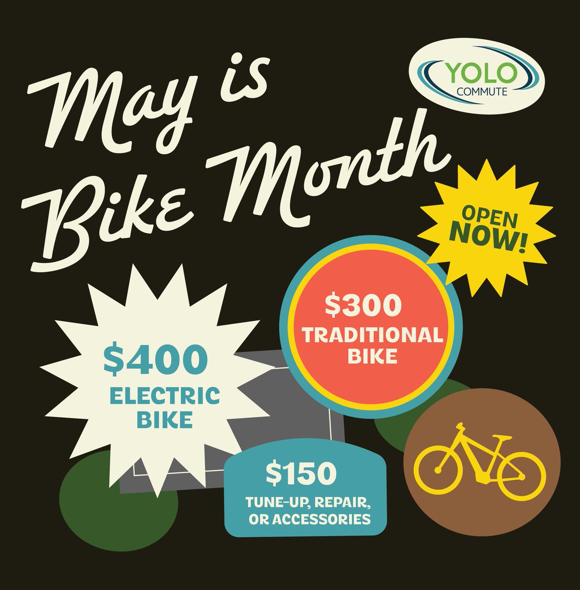 YoloCommute's tweet photo. May is Bike Month is now open!
Yolo Commute members can receive:
• $400 for an electric bike
• $300 for a traditional bike
• $150 for bike maintenance, repairs, or accessories
Register with NorCal GO to claim your incentive: https://t.co/EQx92MkhtJ #yolocommute #mayisbikemonth https://t.co/JEgFA7SsAO