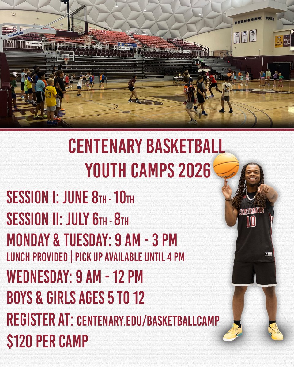 GentsBasketball's tweet photo. Registration is open for Centenary Basketball Youth Camps this summer! 

Register here: https://t.co/NP8f0ExmRE

Walk-up registrations also accepted! https://t.co/XfAwkE0chF