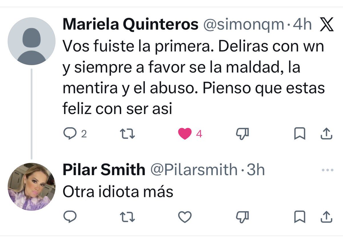 Jajjaa <a href="/Pilarsmith/">Pilar Smith</a> alias la pepino diciendo que no es violenta y hace pocas horas trata a una usuaria de X de idiota, así son, por eso no tienen credibilidad.