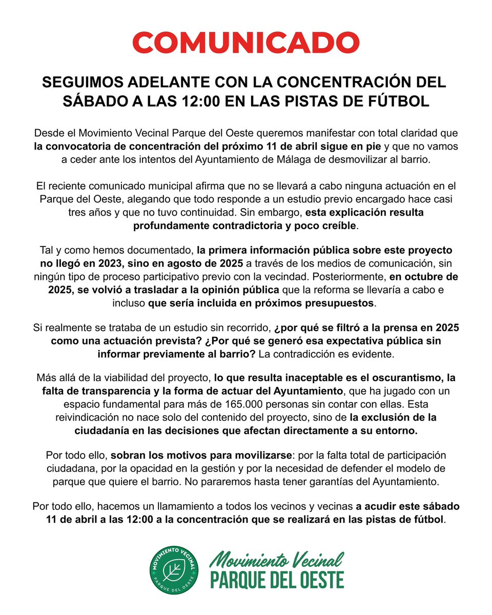 🚨COMUNICADO 💚
SEGUIMOS ADELANTE CON LA CONCENTRACIÓN DEL SÁBADO A LAS 12:00 EN LAS PISTAS DE FÚTBOL