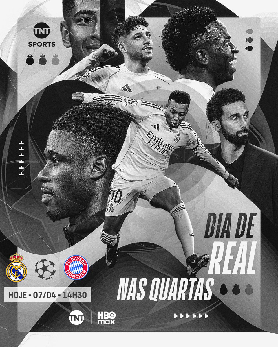 TNTSportsBR's tweet image. HOJE É DIA DO GIGANTE NO BERNABÉU! ⚪👑 O Real Madrid recebe em casa o Bayern de Munique no jogo de ida das quartas de final da #CasaDaChampions, e você assiste AO VIVO na @tntbr e na @StreamMaxBR (bit.ly/4ojz64N)! #MFM #PréJogo #HBOMax