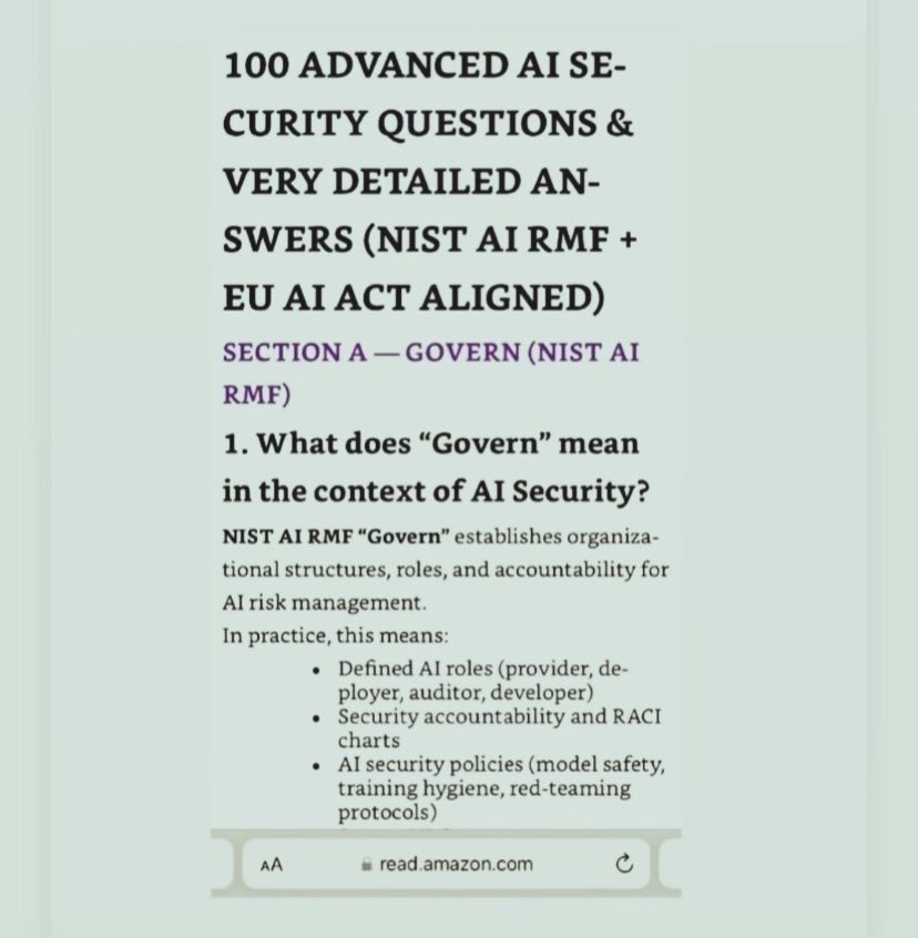 hanim_eken's tweet photo. AI Security Interview Unlocked Questions and Answers🤖TO READ🦾https://t.co/1O6CbXATob
#AIsecurity #AISecurityebook #AIsecuritytraining #AIsecurityframework #AISecuritycareer #AIGovernance #AIGovernanceebook #AIGovernanceTraining #cybersecurityebooks https://t.co/fX04tGMiu4