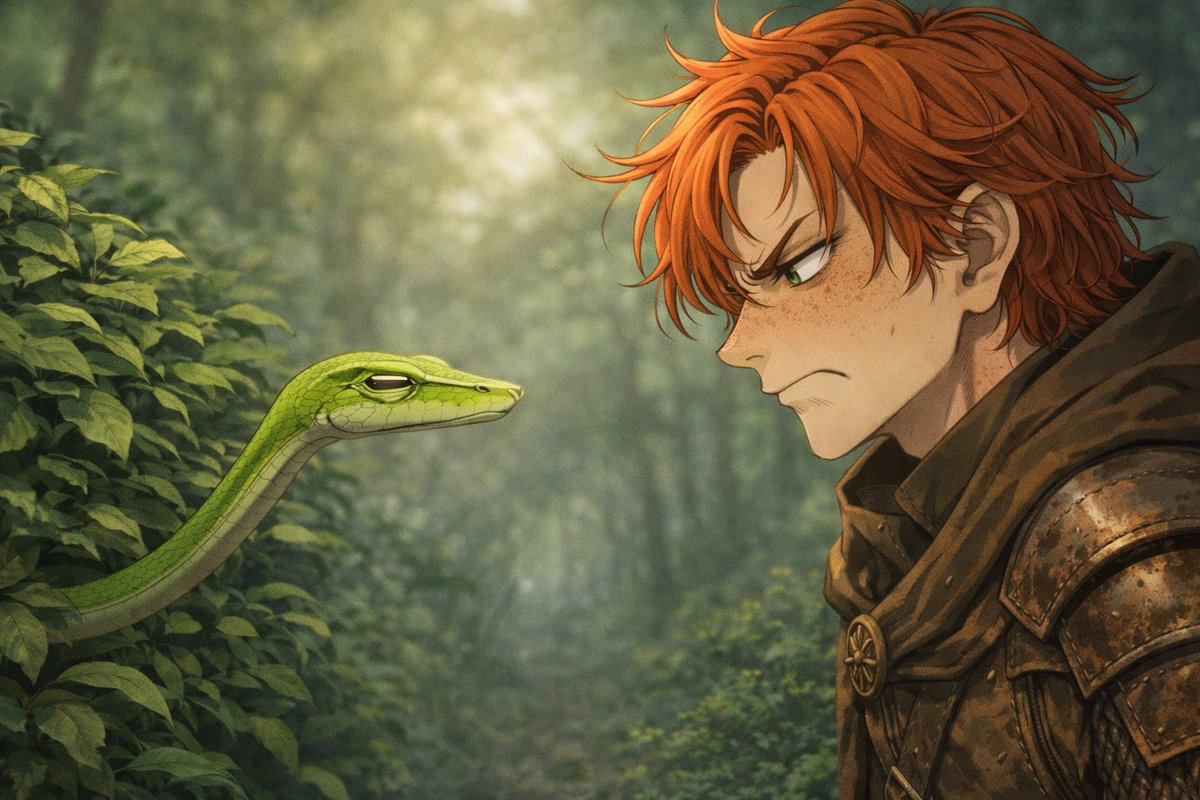 Lerith64's tweet photo. "Le serpent le plus dangereux du monde. Il ne mord pas, il nous juge ! Et Pépin a perdu contre lui."(Symbaroum) 
#roleplay #oc #CreativeAI #AIArt https://t.co/QjjWtDvAMn