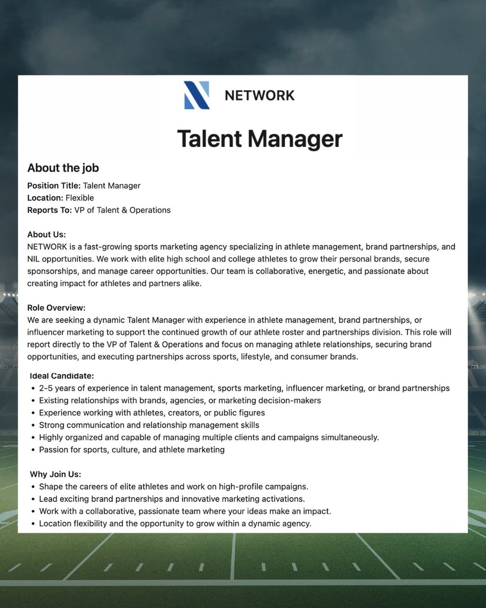 TheNetworkAdvsr's tweet image. We’re Hiring! 📝 

NETWORK is looking for a new Talent Manager to join our team. See more information here, and apply today on our LinkedIn! 

linkedin.com/jobs/view/4395…

#JobOpportunity #NIL #talentmanager