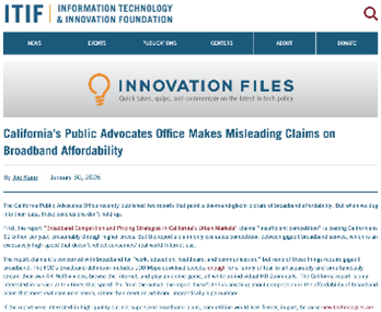 CalBroadband's tweet photo. Information Technology & Innovation Foundation says the Public Advocates Office “Broadband Competition and Pricing Strategies in California’s Urban Markets” report “doesn’t tell us anything about competition or the affordability of broadband plans that meet real consumer needs.” Read More at https://t.co/IUcybfmFh8
