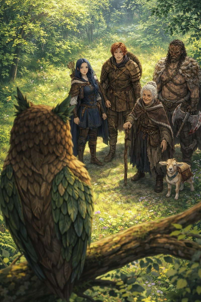 Lerith64's tweet photo. "Ce hibou nous suivrait depuis Vert-Près ? Je doute que ce soit un  animal ordinaire. On nous parle d'esprits liés à cette forêt, un lien  entre deux mondes."(Symbaroum) #roleplay #oc #CreativeAI #AIArt https://t.co/QrxnFe0X7w