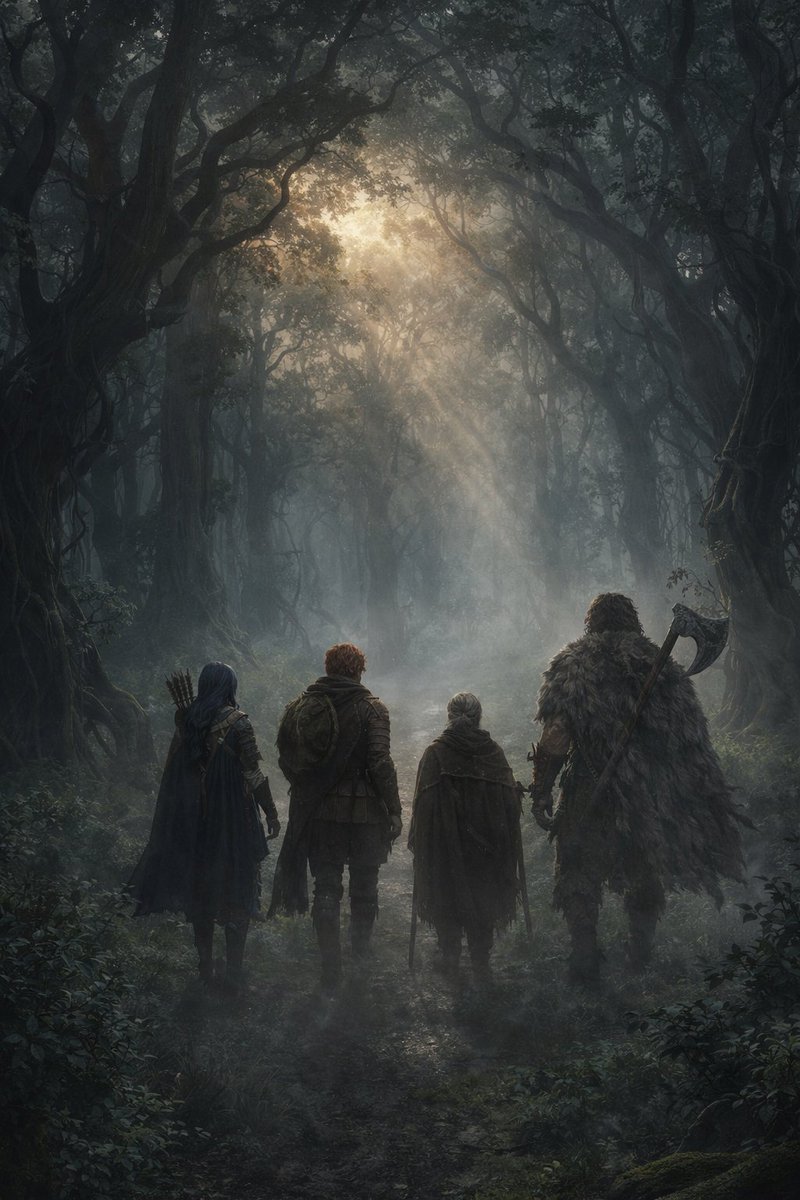 Lerith64's tweet photo. "Une longue route nous attend. Dans ces bois nous ne pouvons nous fier à  personne, alors au moins essayons de compter les uns sur les  autres."(Symbaroum) 
#roleplay #oc #CreativeAI #AIArt https://t.co/Wi4ozBXGnu
