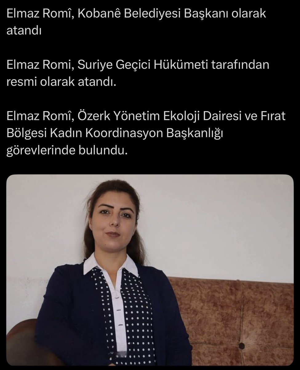 Hiçbir devlet tarafından tanınmayan Rojava. Ve Rojavada resmi olarak bir kadın belediye başkanı var.

Şimdi sormak gerekir . Güney Kürdistan  yarı resmi tanınmasına rağmen kadın belediye başkanı var mı?