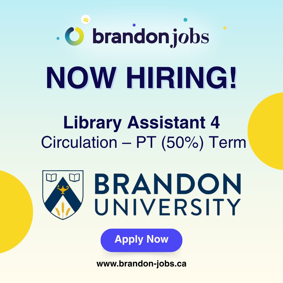 Bdn_jobs's tweet photo. Now Hiring! Join Brandon University as a Library Assistant 4.

Don't wait, apply today!
https://t.co/VzvJZCbowm

#NowHiringBrandon #Career #NowHiring #BrandonJobs #BdnMB #BrandonMB #Westman #WestmanMB #WestmanWork #CareerGrowth #BrandonUniversity #LibraryAssistant https://t.co/HetmGnpQes