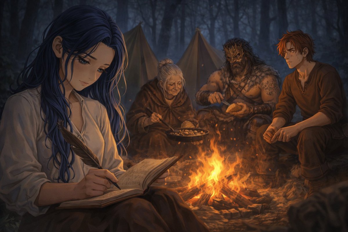 Lerith64's tweet photo. "Survivre en forêt n'est pas chose facile, mais nous nous débrouillons.  Aujourd'hui nous avons découvert un champ de melons-lumière dans un  bosquet afin d'agrémenter nos repas."(Symbaroum)
 #roleplay #oc #CreativeAI #AIArt https://t.co/evB4zM7L6J