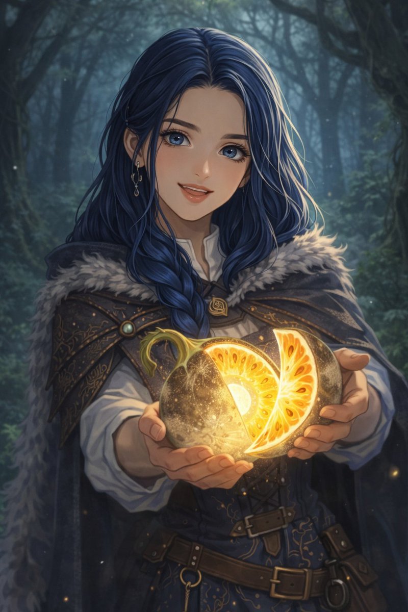 Lerith64's tweet photo. "Survivre en forêt n'est pas chose facile, mais nous nous débrouillons.  Aujourd'hui nous avons découvert un champ de melons-lumière dans un  bosquet afin d'agrémenter nos repas."(Symbaroum)
 #roleplay #oc #CreativeAI #AIArt https://t.co/evB4zM7L6J