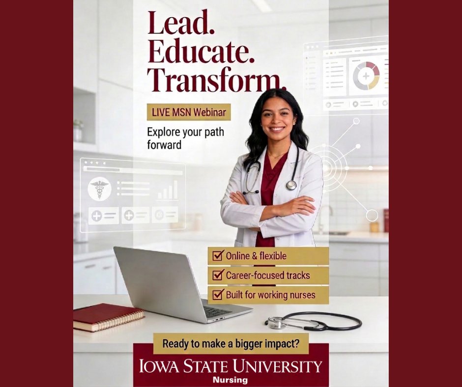 IAStateNursing's tweet photo. 🔥 Lead. Educate. Transform.

Join our LIVE MSN webinar on WEDNESDAY (April 8) at 12 pm CST to see how you can advance your impact in nursing!

Don’t  miss it—bring your questions and your goals.  https://t.co/A6nFjzZRPq

#MSN #NurseLeader #AdvanceYourImpact #IowaStateNursing https://t.co/NE8zAROsi0