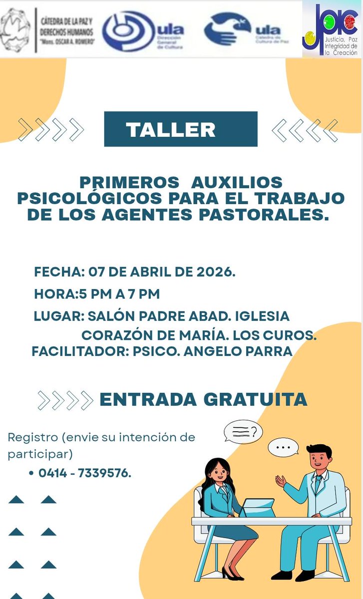 ¿Te preocupa la salud mental en Los Curos?
Participa en el taller:  Primeros Auxilios Psicológicos para Agentes Pastorales.
👨‍⚕️ Con Angelo Parra
📅 7 abril 2026
⏰ 5–7 pm
📍 Salón Parroquial
🎟️ Gratis
Organiza: Pastoral JPIC con <a href="/catedradelapaz/">CátedraCulturadePazULA</a> <a href="/culturaula/">Dirección de Cultura ULA</a>
#SaludMental #LosCuros