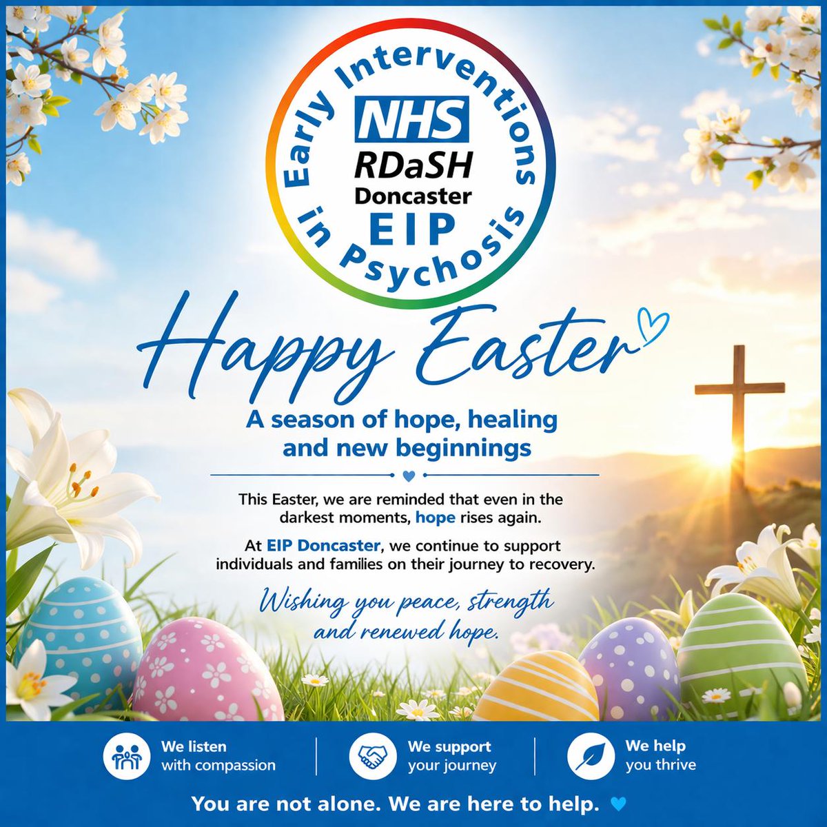 DoncasterEIP's tweet photo. Happy #Easter

Celebrating hope, renewal, and new beginnings.

From all of us at
 Early Intervention in #Psychosis (EIP)
#RDaSH #Doncaster https://t.co/xzK8VzVh65